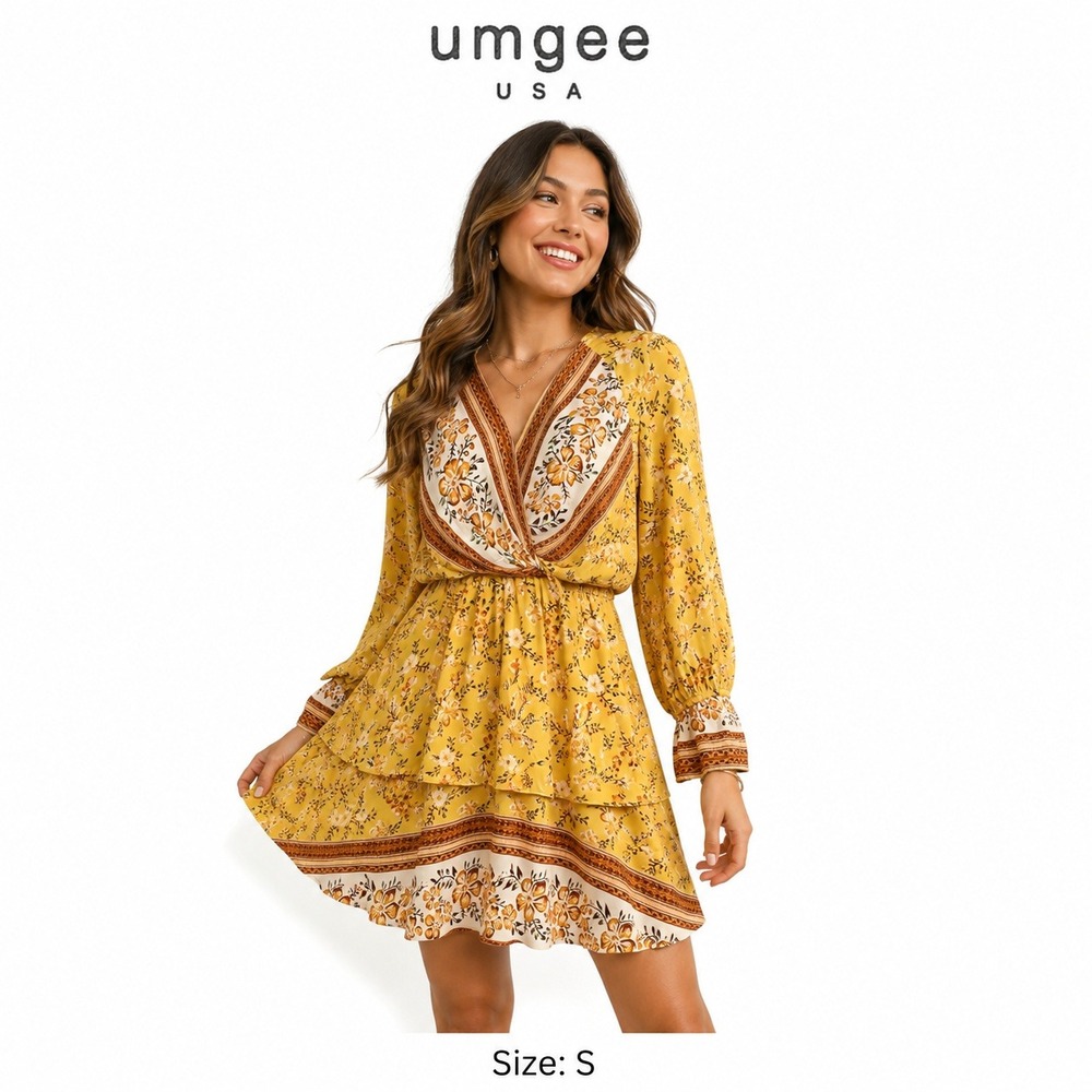 Umgee Floral Mini Dress Womens Yellow Tiered Boho CottageCore Garden Wedding